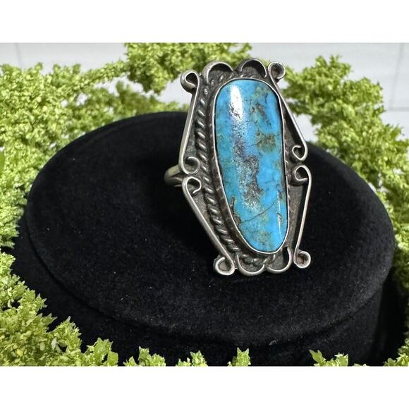 Old Pawn Native American Sterling Silver Turquoise Ring Size 7 - Picture 2 of 5